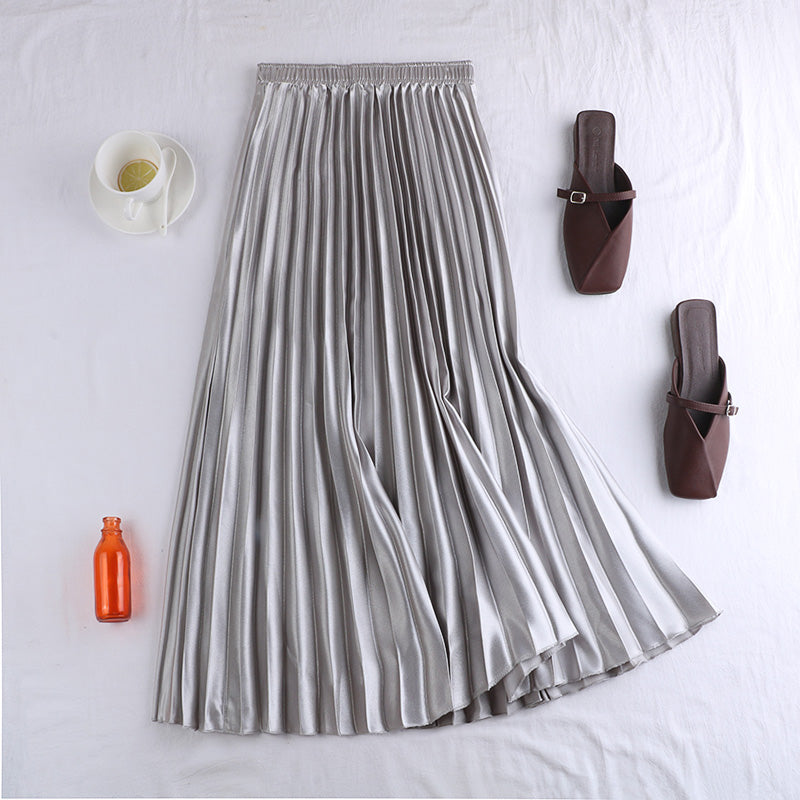 Pleated Satin Midi Skirt