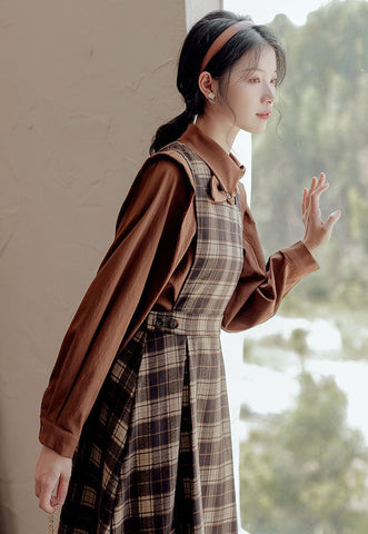 Crepe Plaid Pinafore Dress Set