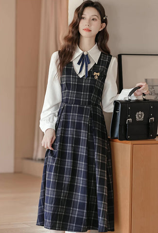 Oxford Plaid Midi Pinafore & Blouse Set