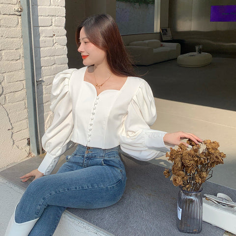 Puff Sleeve Sweetheart Button Up Blouse