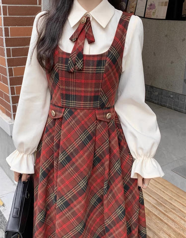 Merry Plaid Midi Pinafore Dress
