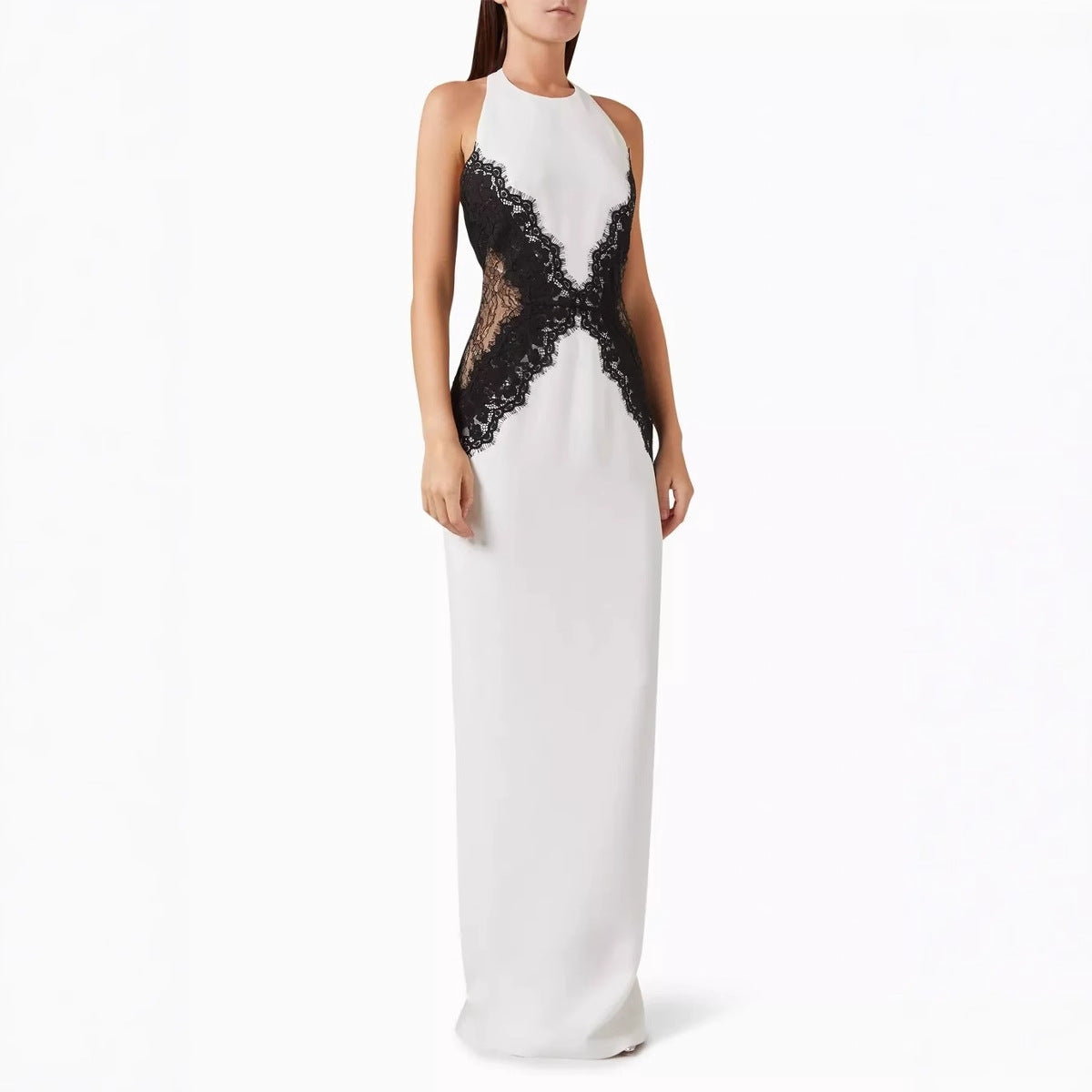 Lace-Paneled Hollow Halter Neck Slit Midi Dress