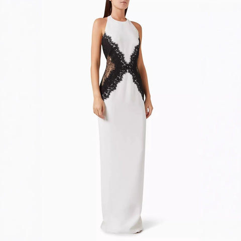 Lace-Paneled Hollow Halter Neck Slit Midi Dress