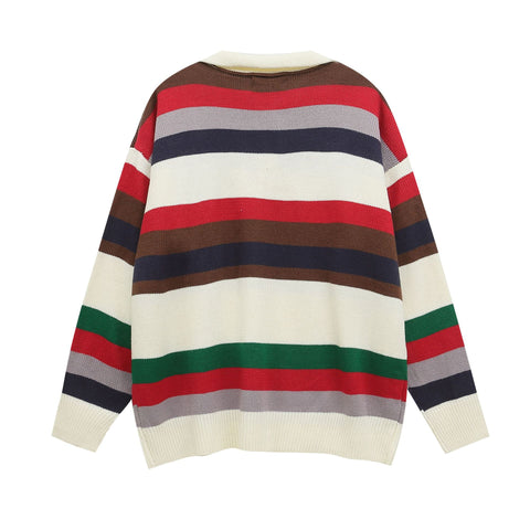 Hit Color Turn Down Collar Striped Sweater