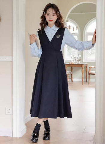 Corduroy Suede Midi Pinafore Dress & Blouse Set