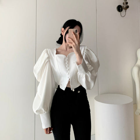 Puff Sleeve Sweetheart Button Up Blouse