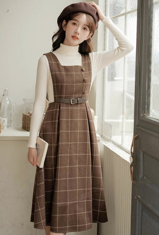 Belted Plaid Pinafore Dress