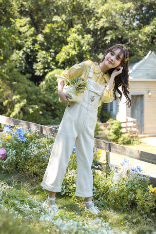 Bow Floral Embroidered Overalls