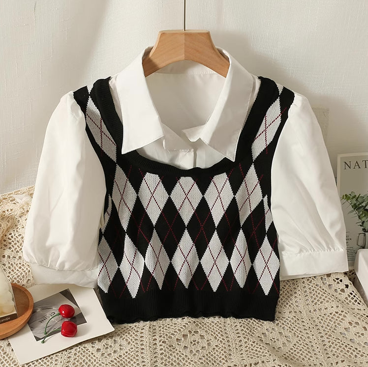 Argyle Plaid Twofer Cropped Blouse