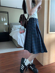 Split Checkered Pleated Midi Skirt