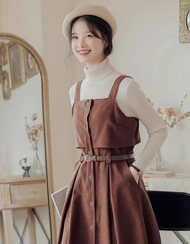 Suede Button Up Cami Pinafore Dress