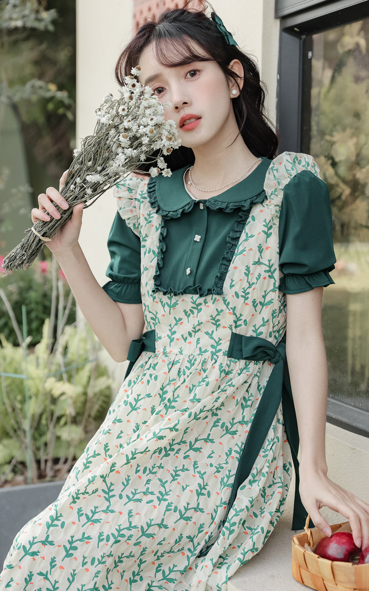 Flower Buds Pinafore Twofer Dress