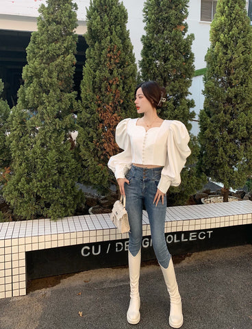 Puff Sleeve Sweetheart Button Up Blouse