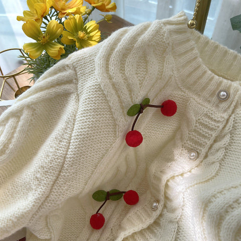 Cherry Pom Pom Cropped Cardigan
