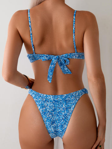 Lace Up Floral Print Strap Bikini Set