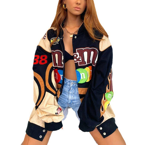 Motorcycle style color block print casual jacket
