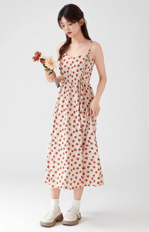 Lace Up Floral Cami Midi Dress