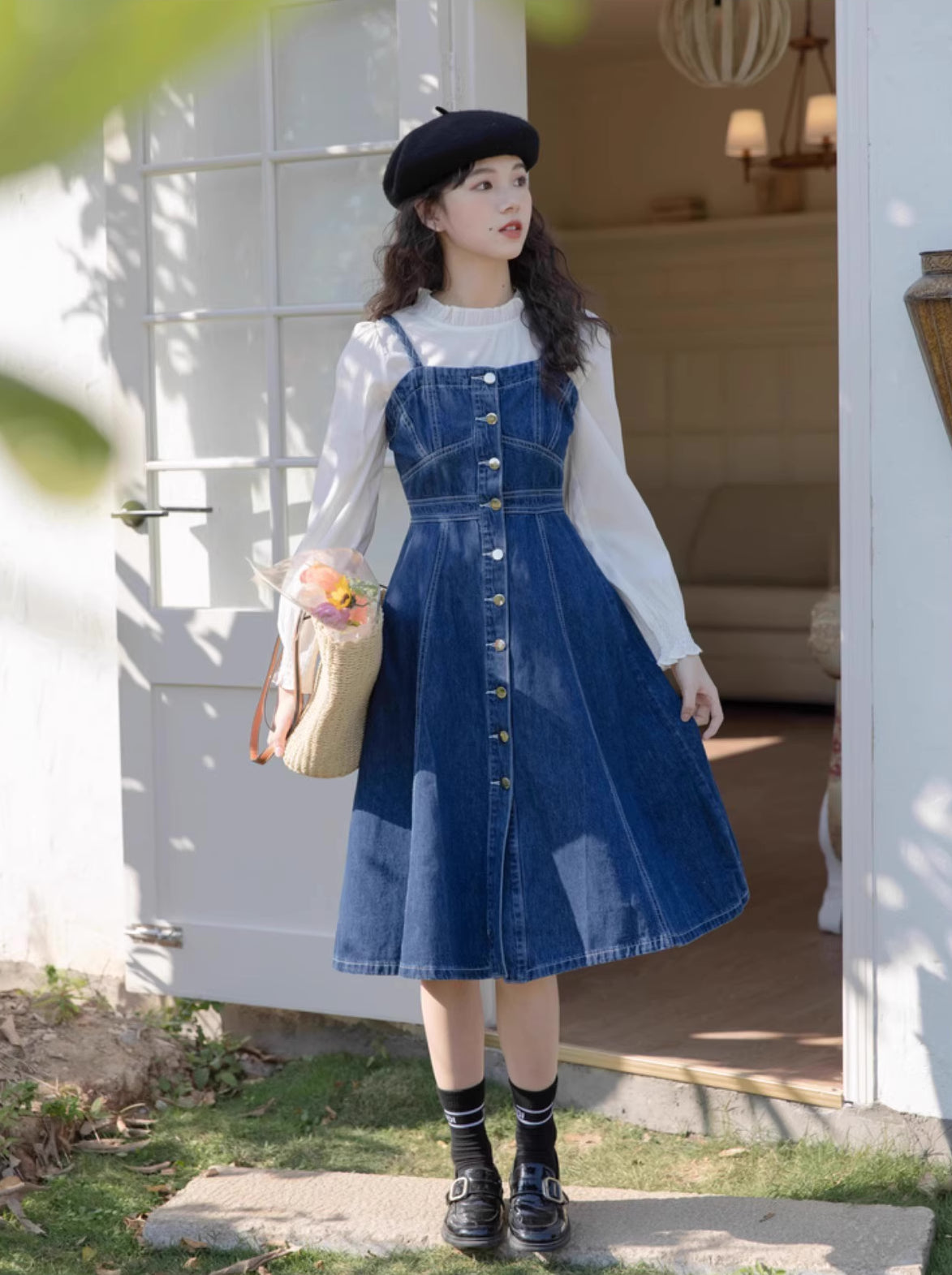 Midi-Camisole-Kleid aus Denim mit Knopfleiste