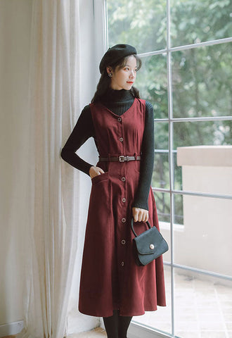 Button Up Suede Pinafore Dress