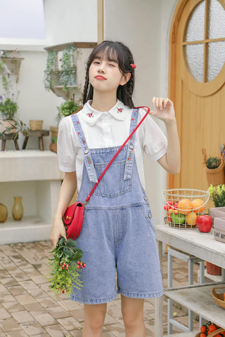 Rosy Days Embroidered Short Overalls