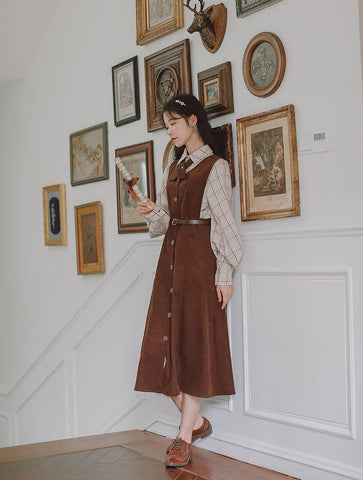Button Up Suede Pinafore Dress