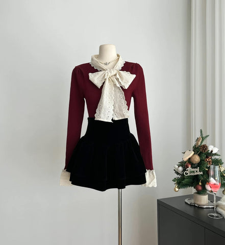 Lace Trim Tie Neck Sweater
