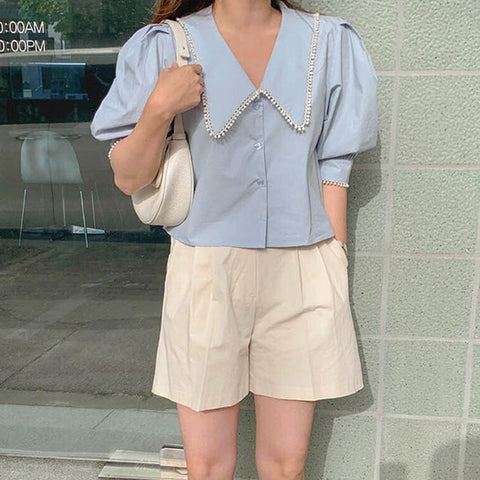 Crochet Trim Puff Sleeve Cropped Blouse