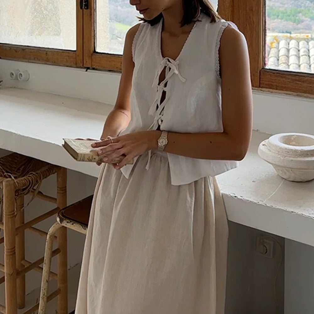 Cotton And Linen Lace-Up Sleeveless Two-Piece Suit