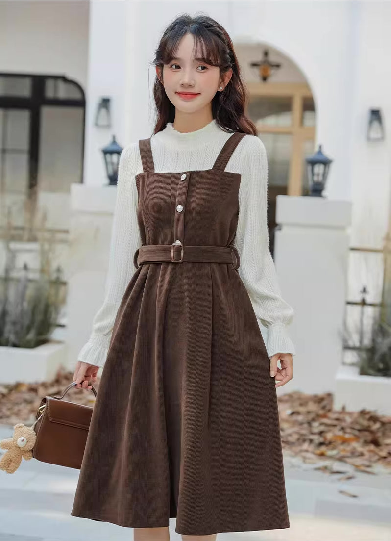 Corduroy Knit Belted Twofer Midi Dress
