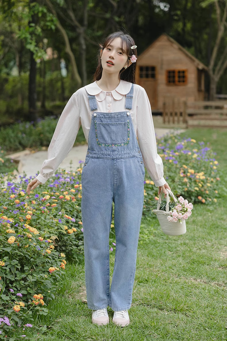 Retro Floral Embroidered Denim Overalls