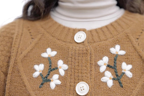 Ditsy Floral Embroidered Round Neck Cardigan