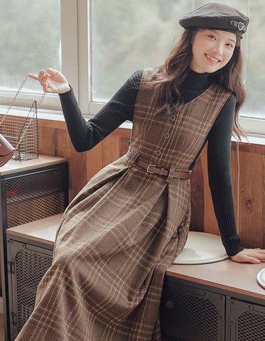 Coffee Plaid Midi Pinafore Dress