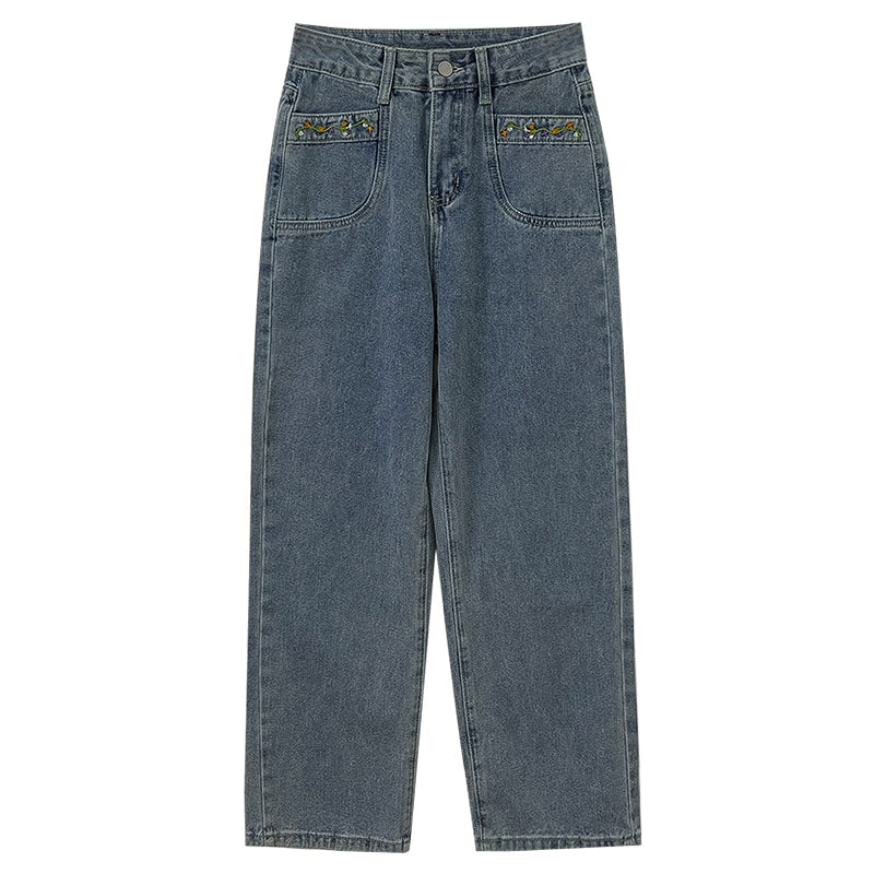 Jeans mit Blumenrankenstickerei