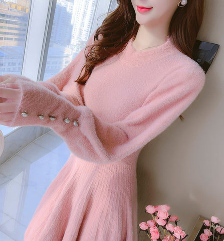 Fuzzy Puff Sleeve Sweater Dress