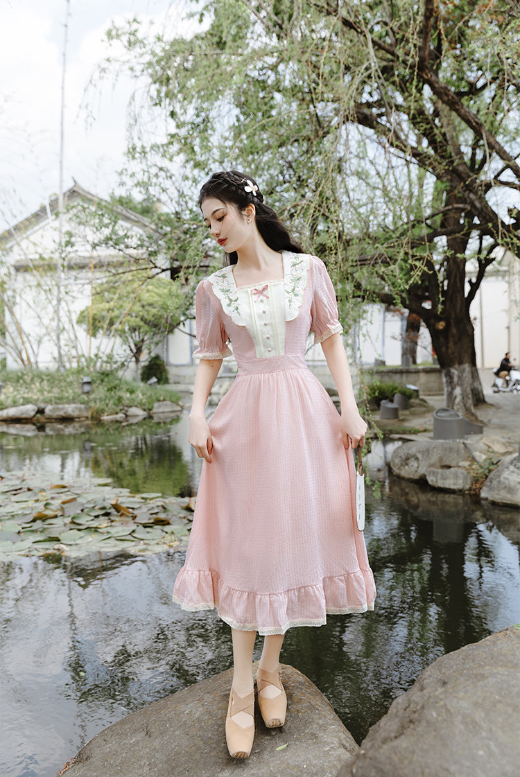 Sweet Floral Embroidered Midi Dress