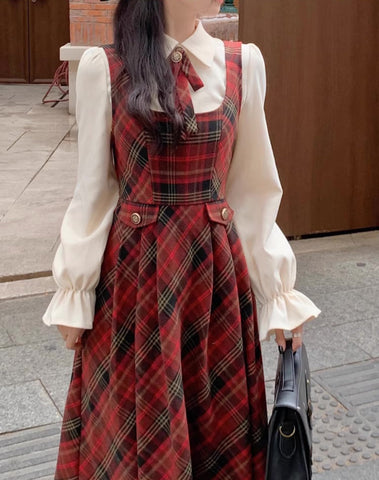 Merry Plaid Midi Pinafore Dress