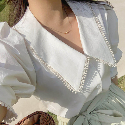 Crochet Trim Puff Sleeve Cropped Blouse