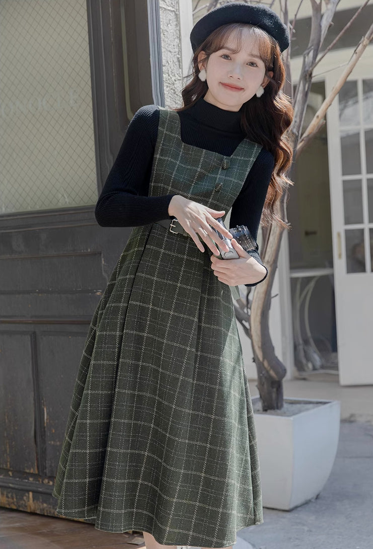 Belted Plaid Pinafore Dress