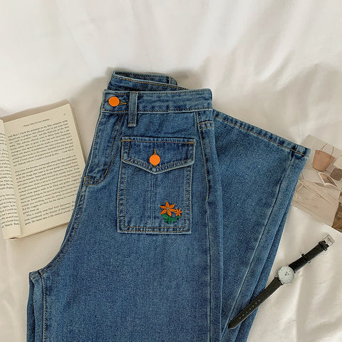 Embroidered Button Pocket Jeans