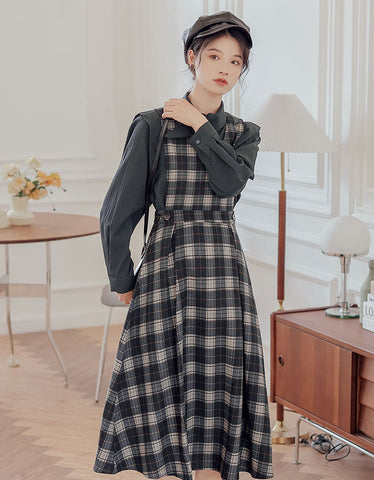 Crepe Plaid Pinafore Dress Set