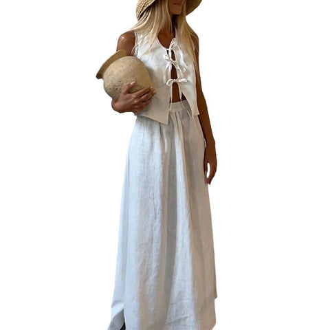 Cotton And Linen Lace-Up Sleeveless Two-Piece Suit