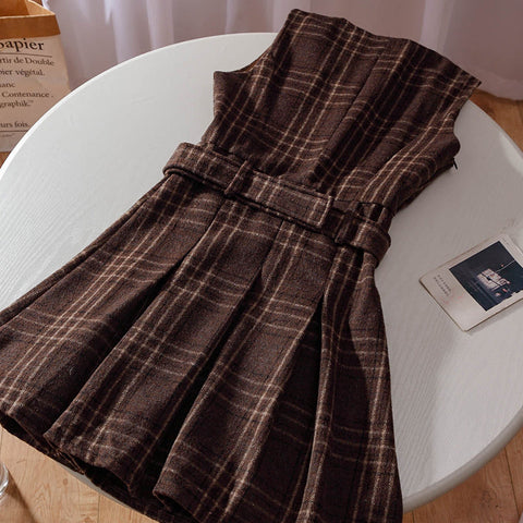Coffee Plaid Pinafore Dress / Blouse