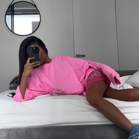 Pink Long-Sleeved Loose Solid Color Shirt
