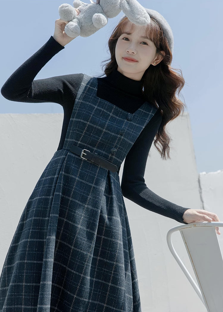 Belted Plaid Pinafore Dress