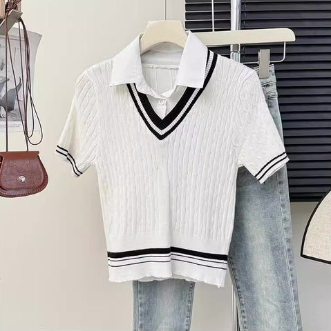 Knitted Polo Cropped Twofer Blouse