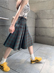 Split Checkered Pleated Midi Skirt