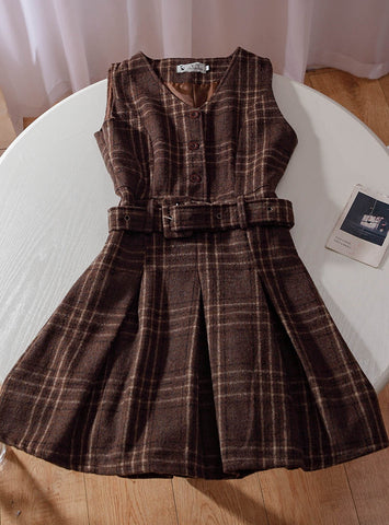 Coffee Plaid Pinafore Dress / Blouse