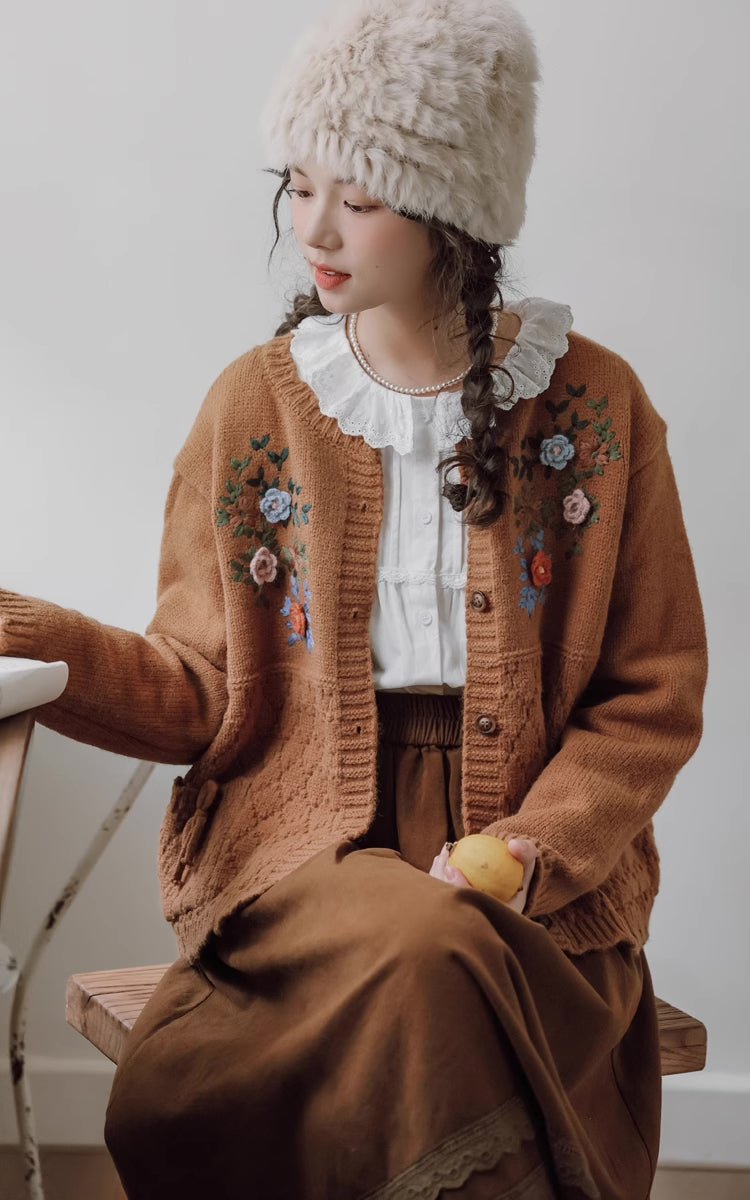 Grandma's Autumn Floral Embroidered Cardigan