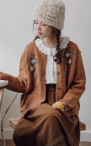 Grandma's Autumn Floral Embroidered Cardigan