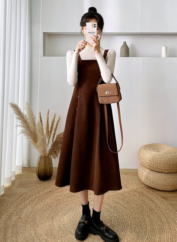 Corduroy Suede Double Button Cami Dress